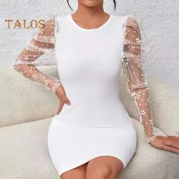 Женское платье-футляр Прозрачная сетка с аппликацией в виде лепестков Slim Fit с круглым вырезом и длинными рукавами с высокой талией OL Офисное мини-платье весна-лето короткое платье S чёрный