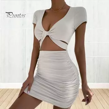 Женское платье-футляр с глубоким V-образным вырезом, плиссированными узкими короткими рукавами, сплошной цвет, узкая высокая талия, мягкое эластичное женское вечернее мини-платье для ночного клуба 2XL небесно-голубой