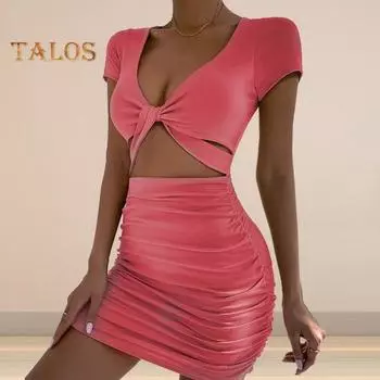 Женское платье-футляр с глубоким V-образным вырезом, плиссированными узкими короткими рукавами, сплошной цвет, узкая высокая талия, мягкое эластичное женское вечернее мини-платье для ночного клуба 2XL небесно-голубой