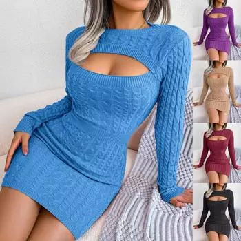 Женское платье-футляр с круглым вырезом, однотонное, повседневное, с завышенной талией, с запахом и бедрами, на осень и зиму SL S хаки