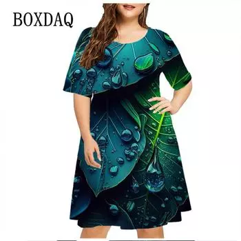 Женское платье Green Leaf Raindrop с коротким рукавом, летняя мода, свободные платья с круглым вырезом и принтом больших размеров 6XL, повседневное мини-платье с 3D-принтом 5XL S