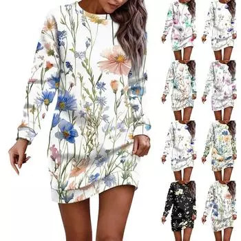 Женское платье-халат с круглым вырезом и винтажным цветочным принтом, с длинным рукавом, платья-толстовки L чёрный