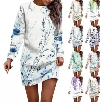 Женское платье-халат с круглым вырезом и винтажным цветочным принтом, с длинным рукавом, платья-толстовки L синий