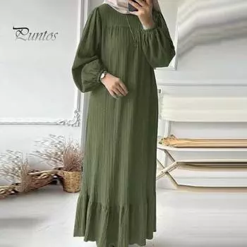 Женское платье-халат с круглым вырезом и длинными пышными рукавами, чистый цвет, большой размер, лоскутное платье, прямой пуловер, повседневная традиционная одежда на Ближнем Востоке, платье макси 4XL кофейный