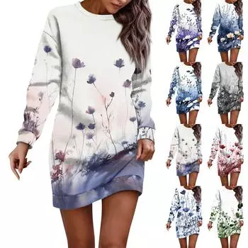 Женское платье-халат с круглым вырезом и винтажным цветочным принтом, с длинным рукавом, платья-толстовки L синий