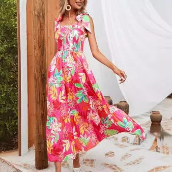 Женское платье-халат с принтом листьев и запахом на груди 2025 года S