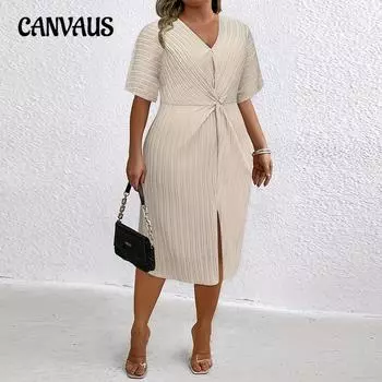 Женское платье-халат с V-образным вырезом и жаккардом больших размеров с короткими рукавами и разрезом, весенне-летнее прямое платье-миди 1XL чёрный