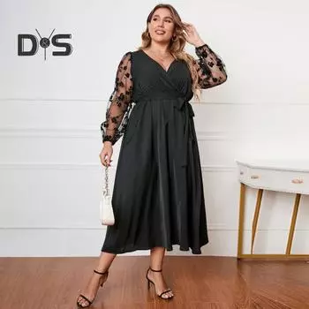 Женское платье-халат с V-образным вырезом, вышитым кружевом и сеткой, длинными рукавами, платье-миди с высокой талией и поясом XL чёрный