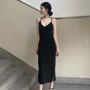 Женское платье-халтер, летнее винтажное элегантное сексуальное платье с V-образным вырезом, платье с разрезом в стиле Хепберн S чёрный
