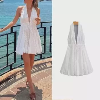 Женское платье-халтер с ажурной вышивкой, осень 2023 г. XS