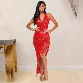 Женское платье-халтер с глубоким V-образным вырезом и бахромой без рукавов, сексуальное платье с асимметричной отделкой бисером S чёрный
