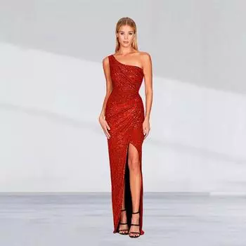 Женское платье Haute Couture без рукавов с разрезом на талии, плиссированное платье с пайетками на плечах S белый