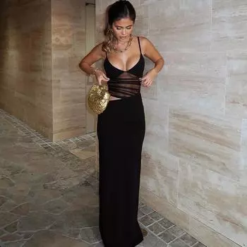 Женское платье Haute Couture на бретелях, однотонное, в сеточку, в стиле пэчворк, без рукавов, облегающее платье-футляр с ягодицами S чёрный