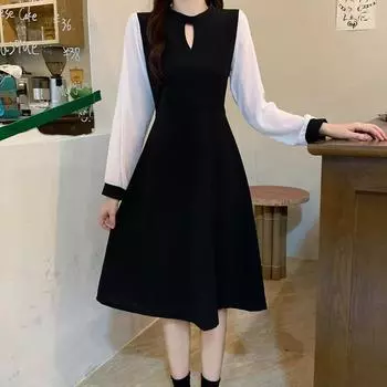 Женское платье Hepburn Wind с длинным рукавом и контрастными цветами, весеннее платье со шнуровкой и открытой талией M чёрный