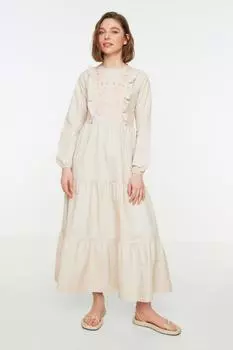 Женское платье-хиджаб, новое сезонное модное бежевое тканое платье с рюшами и подробной вышивкой