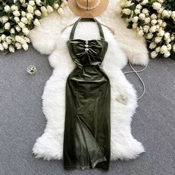 Женское платье High Sense, женское платье с подвеской на шее, облегающее бархатное платье со средним и длинным разрезом на бедрах