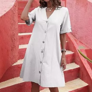Женское платье, хлопковое платье с коротким рукавом, повседневное однобортное платье с V-образным вырезом, свободная однотонная юбка А-силуэта S белый