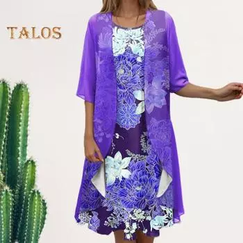 Женское платье из 2 шт./компл., комплект с шалью, прозрачный сетчатый кардиган с половиной рукавом, цветочный принт, с круглым вырезом, платье без рукавов, длиной до колена, женское платье миди среднего возраста 4XL фиолетовый