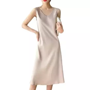 Женское платье из атласа, длинное до колена, летнее, большого размера, однотонная юбка с V-образным вырезом L бежевый