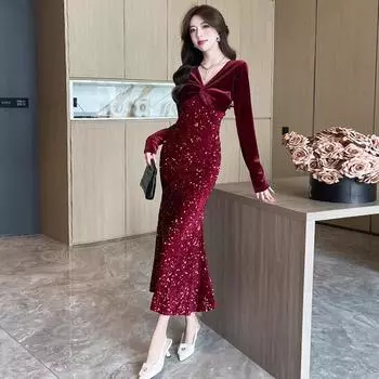 Женское платье из бархата с пайетками, сшитое в стиле хай-тек S чёрный