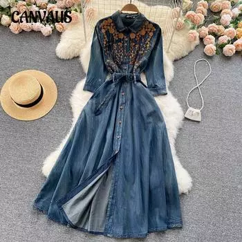 Женское платье из денима в стиле ретро с вышивкой в стиле Гонконга, стиль знаменитости, однобортное M синий