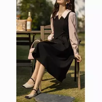 Женское платье из двух частей Mishow Mock, весеннее французское винтажное платье средней длины в корейском стиле с ампирным узором из саржи, смешанная женская одежда трапециевидной формы MXC12L1457 S чёрный