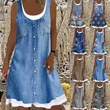 Женское платье из двух частей с имитацией джинсовой ткани с цифровой печатью и длинными рукавами 3XL