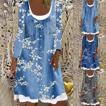 Женское платье из двух частей с длинными рукавами из имитации джинсовой ткани с цифровой печатью XXL