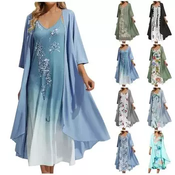 Женское платье из двух частей с принтом, жилет с v-образным вырезом, платье, кардиган, куртка, комплект L синий