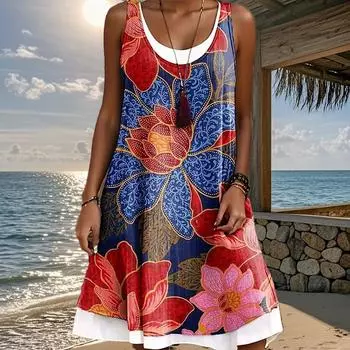 Женское платье из двух частей с имитацией розы, великолепным цветочным принтом, без рукавов, с круглым вырезом, свободное, мягкое и удобное, большого размера XS красный