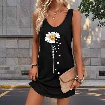 Женское платье из двух частей с принтом в виде розы и искусственным цветком, без рукавов, с круглым вырезом, свободное, мягкое и удобное, большого размера XS белый