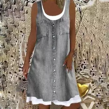 Женское платье из двух частей с имитацией розы и ковбойским принтом, без рукавов, с круглым вырезом, свободное, мягкое и удобное, большого размера XS синий