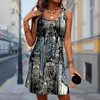 Женское платье из двух частей с имитацией розы, сложным рисунком, без рукавов, круглым вырезом, свободное, мягкое и удобное, большого размера XS чёрный