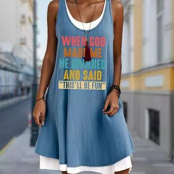 Женское платье из двух частей с имитацией розы и буквенным принтом, без рукавов, с круглым вырезом, свободное, мягкое и удобное, большого размера XS синий