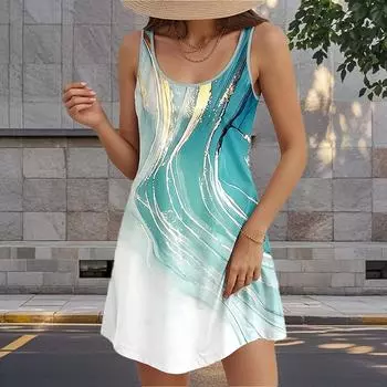 Женское платье из двух частей с имитацией розового цветка и мраморным принтом без рукавов и круглым вырезом, свободное, мягкое и удобное, большого размера XS синий