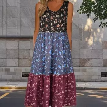 Женское платье из двух частей с имитацией розы и цветочным принтом в стиле пэчворк без рукавов с круглым вырезом, свободное, мягкое и удобное, большого размера XS синий