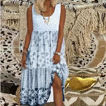 Женское платье из двух частей с имитацией розы и цветочным принтом, без рукавов, с круглым вырезом, свободное, мягкое и удобное, большого размера XS синий