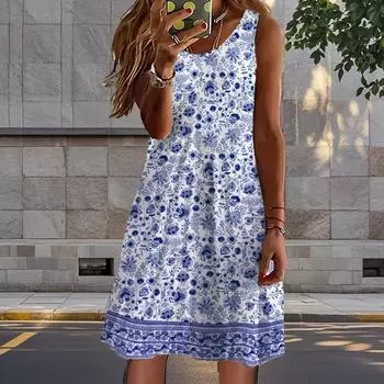 Женское платье из двух частей с принтом в виде розы и искусственным цветком, без рукавов, с круглым вырезом, свободное, мягкое и удобное, большого размера XS синий