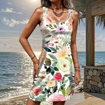 Женское платье из двух частей с принтом в виде цветка розы, без рукавов и круглым вырезом, свободное, мягкое и удобное, большого размера XS розовый