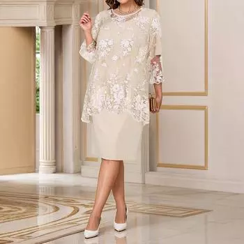 Женское платье из двух частей с круглым вырезом и рукавами средней длины, кружевное, свободного покроя, элегантное, длиной до колена, большого размера 4XL абрикосовый