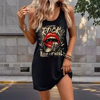 Женское платье из двух частей с принтом в виде розовых цветов и красными губами, без рукавов, с круглым вырезом, свободное, мягкое и удобное, большого размера XS красный