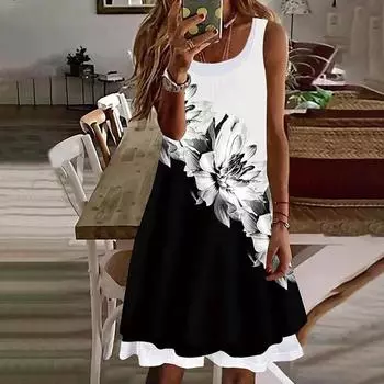 Женское платье из двух частей с принтом в виде розы и искусственным цветком, без рукавов, с круглым вырезом, свободное, мягкое и удобное, большого размера XS синий