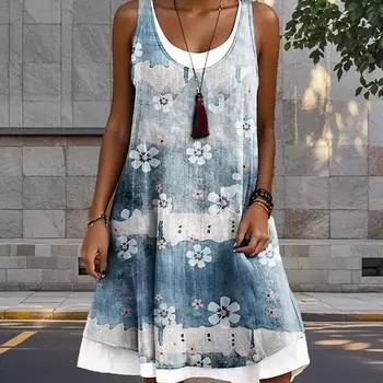 Женское платье из двух частей с имитацией розы и красивым цветочным принтом без рукавов и круглым вырезом, свободное, мягкое и удобное, большого размера XS синий