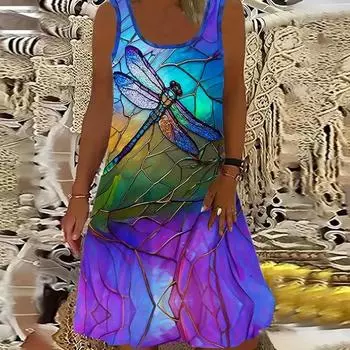 Женское платье из двух частей с принтом в виде летящих стрекоз и роз, без рукавов, с круглым вырезом, свободное, мягкое и удобное, большого размера XS синий