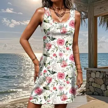 Женское платье из двух частей с принтом в виде цветка розы, без рукавов и круглым вырезом, свободное, мягкое и удобное, большого размера XS зелёный