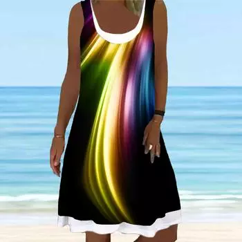 Женское платье из двух частей с искусственным цветочным принтом и градиентным цветным принтом без рукавов и круглым вырезом, свободное мягкое и удобное платье больших размеров XS синий