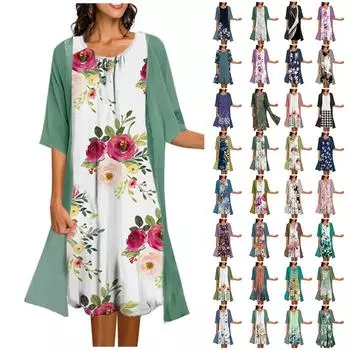 Женское платье из двух частей, жилет с принтом, платье средней длины, кардиган, куртка, костюм L