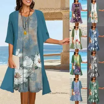 Женское платье из двух частей, жилет с принтом, платье средней длины, кардиган, куртка, костюм XXL