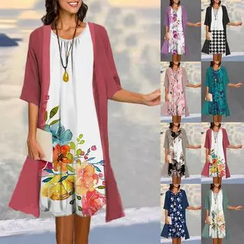 Женское платье из двух частей, жилет с принтом, платье средней длины, кардиган, куртка, костюм XXL чёрный