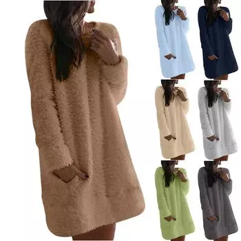 Женское платье из флиса с пушистым ворсом, свободного кроя, с круглым вырезом, длинными рукавами и карманами L синий